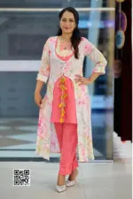 sweet pink viscose screen printed and hand worked shrug set