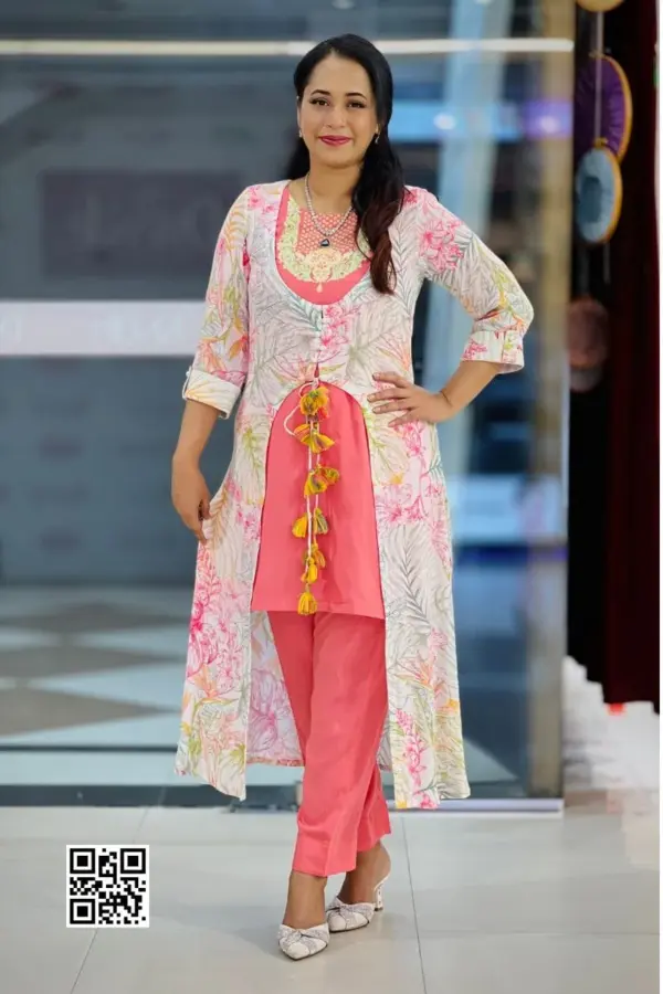 sweet pink viscose screen printed and hand worked shrug set
