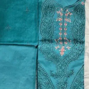 teal blue color cotton machine embroidered salwar suit (unstitched)