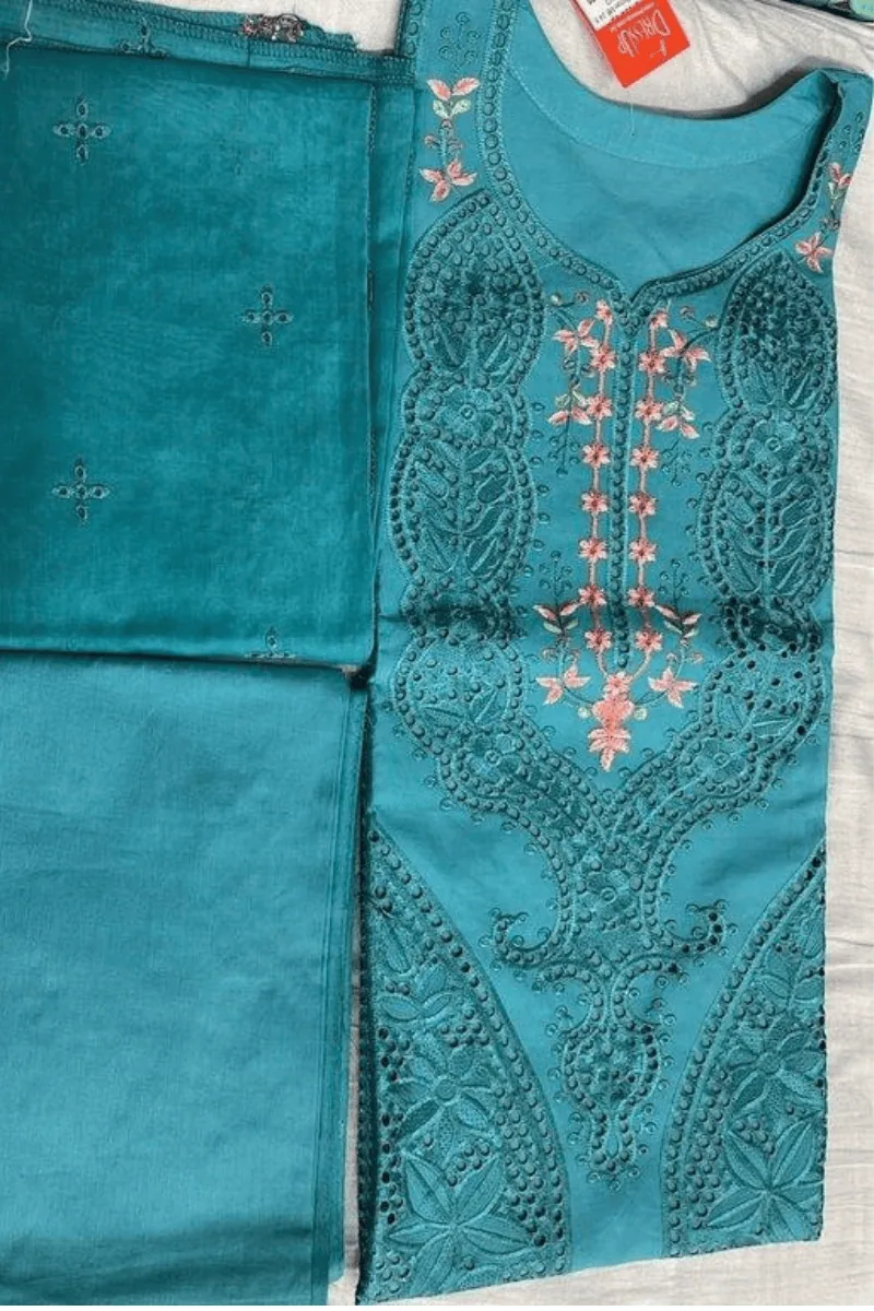 teal blue color cotton machine embroidered salwar suit (unstitched) teal blue color cotton machine embroidered salwar suit (unstitched)