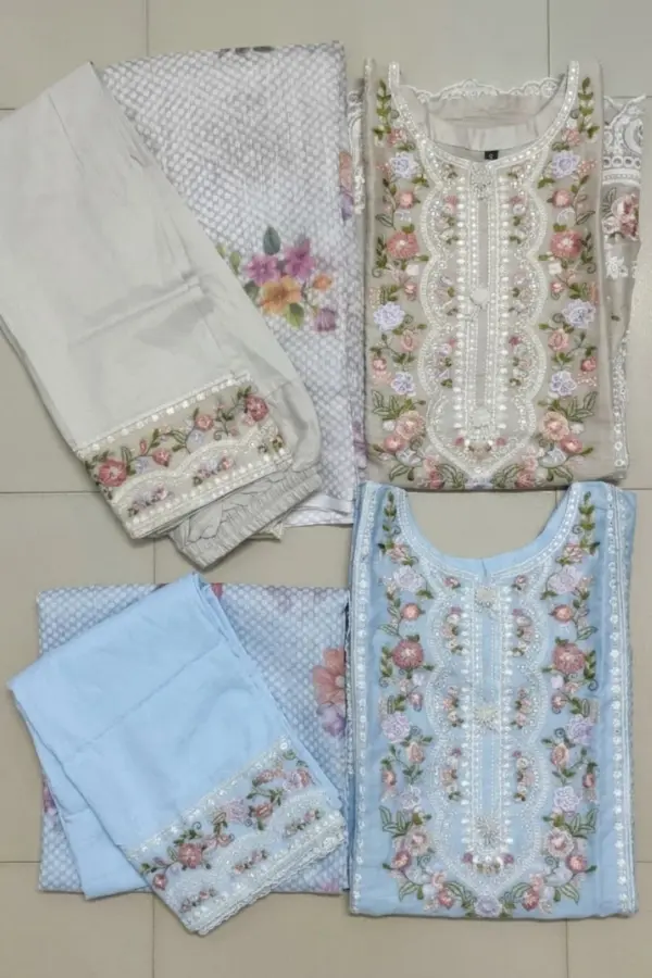 sky blue color machine embroidered cotton stitched salwar suit