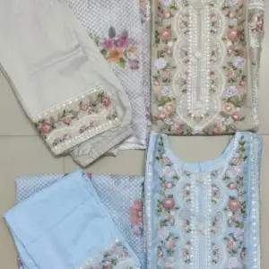 sky blue color machine embroidered cotton stitched salwar suit