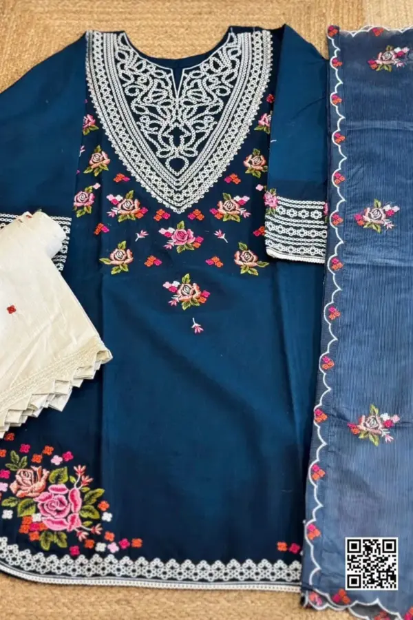 navy blue color cotton machine embroidered salwar suit