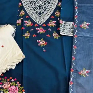 navy blue color cotton machine embroidered salwar suit