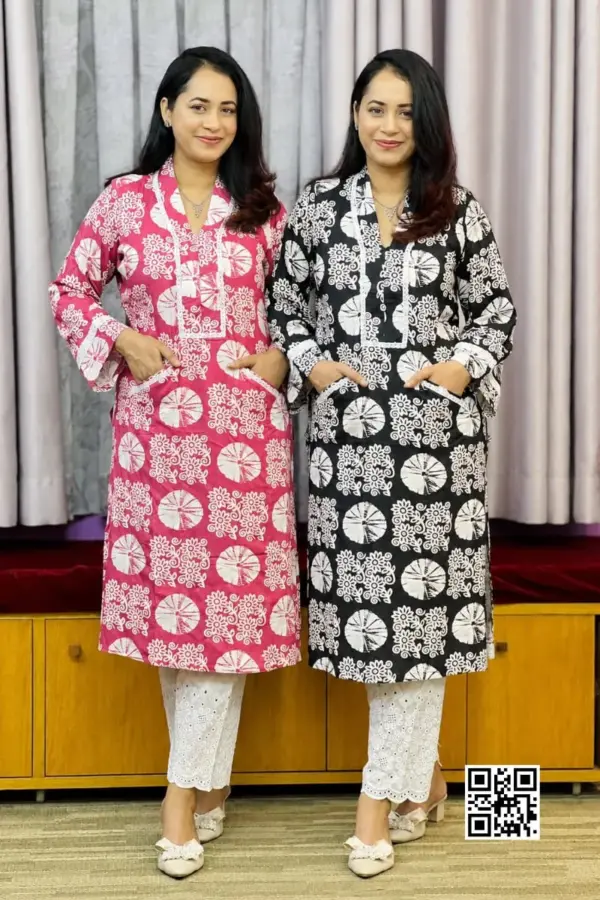 black and white color printed linen fabric tunic