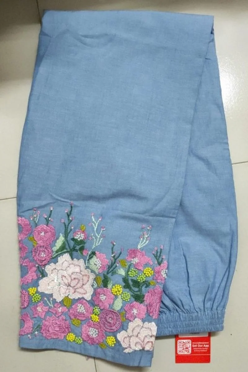 riviera blue color denim chambray fabric hand embroidered pant riviera blue color denim chambray fabric hand embroidered pant